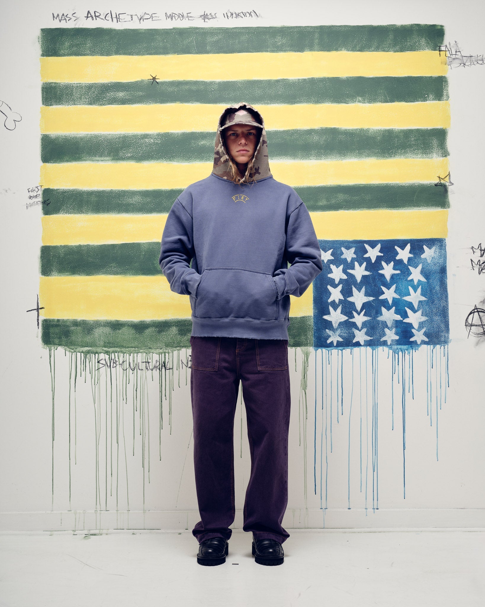 Distressed Camo Studded Hoodie Navy