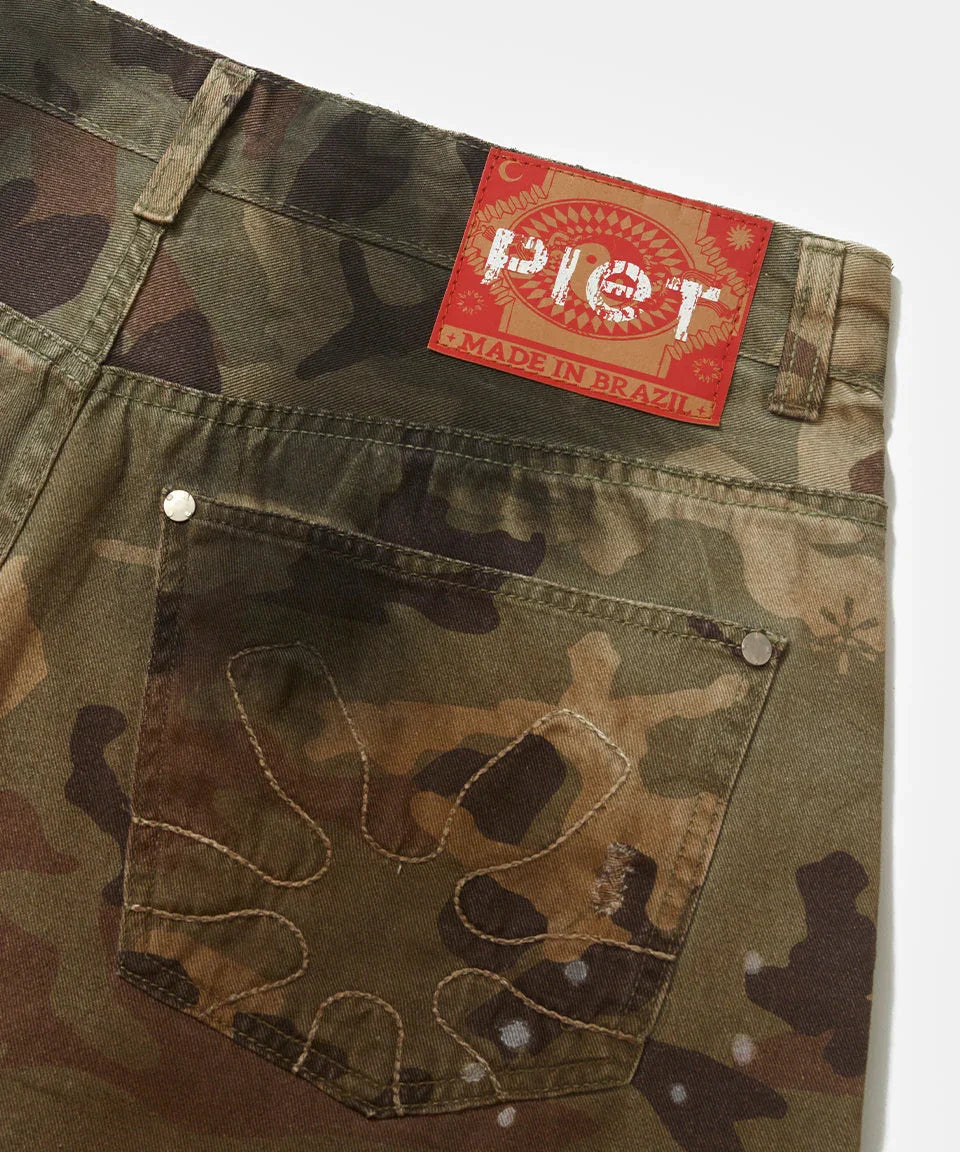 Distressed Capri Camo Trousers with Swarovski Crystals - Four Street