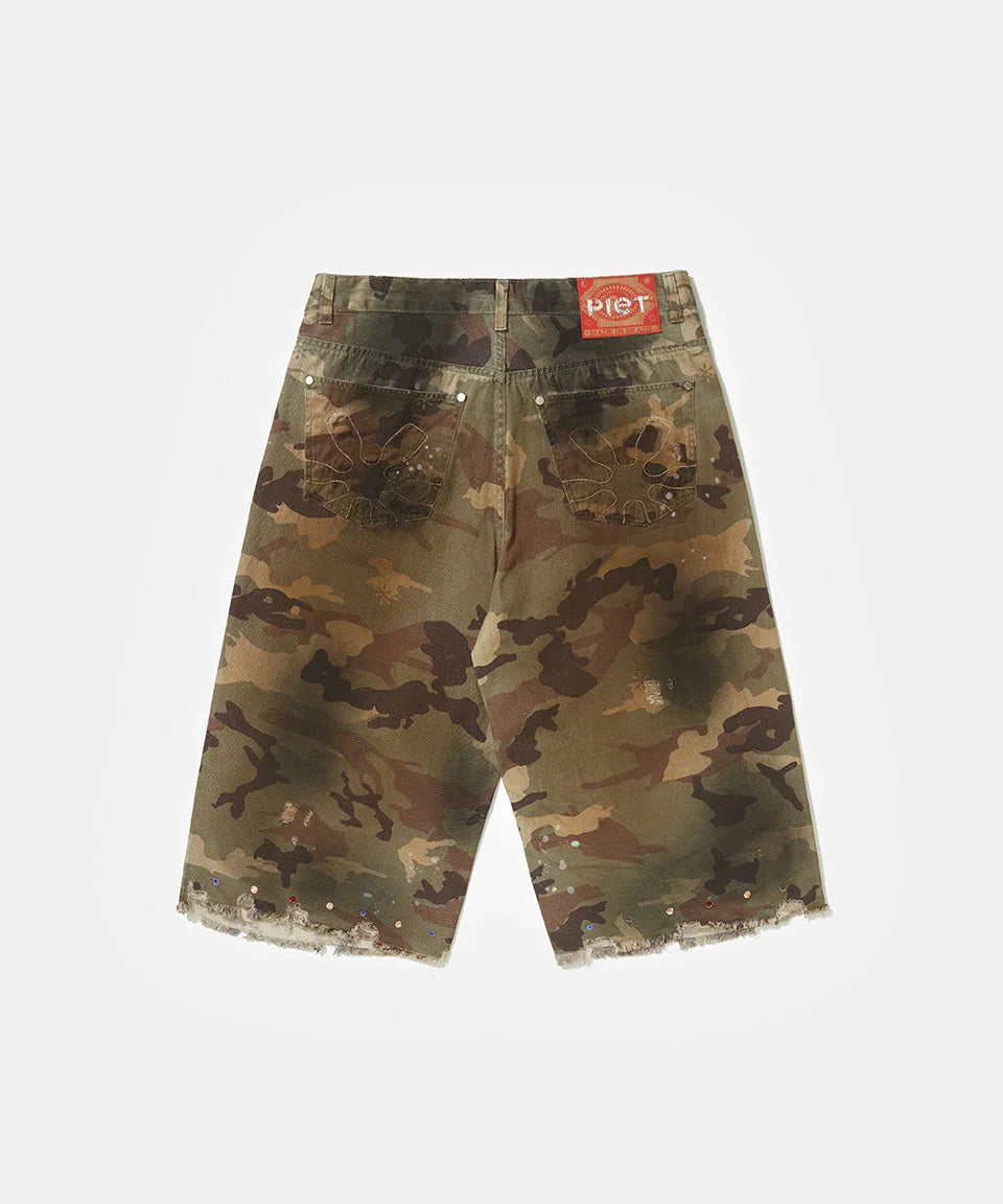 Distressed Capri Camo Trousers with Swarovski Crystals - Four Street