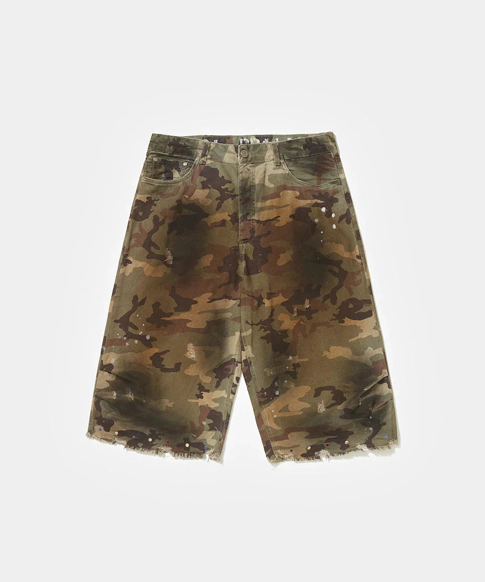 Distressed Capri Camo Trousers with Swarovski Crystals - Four Street