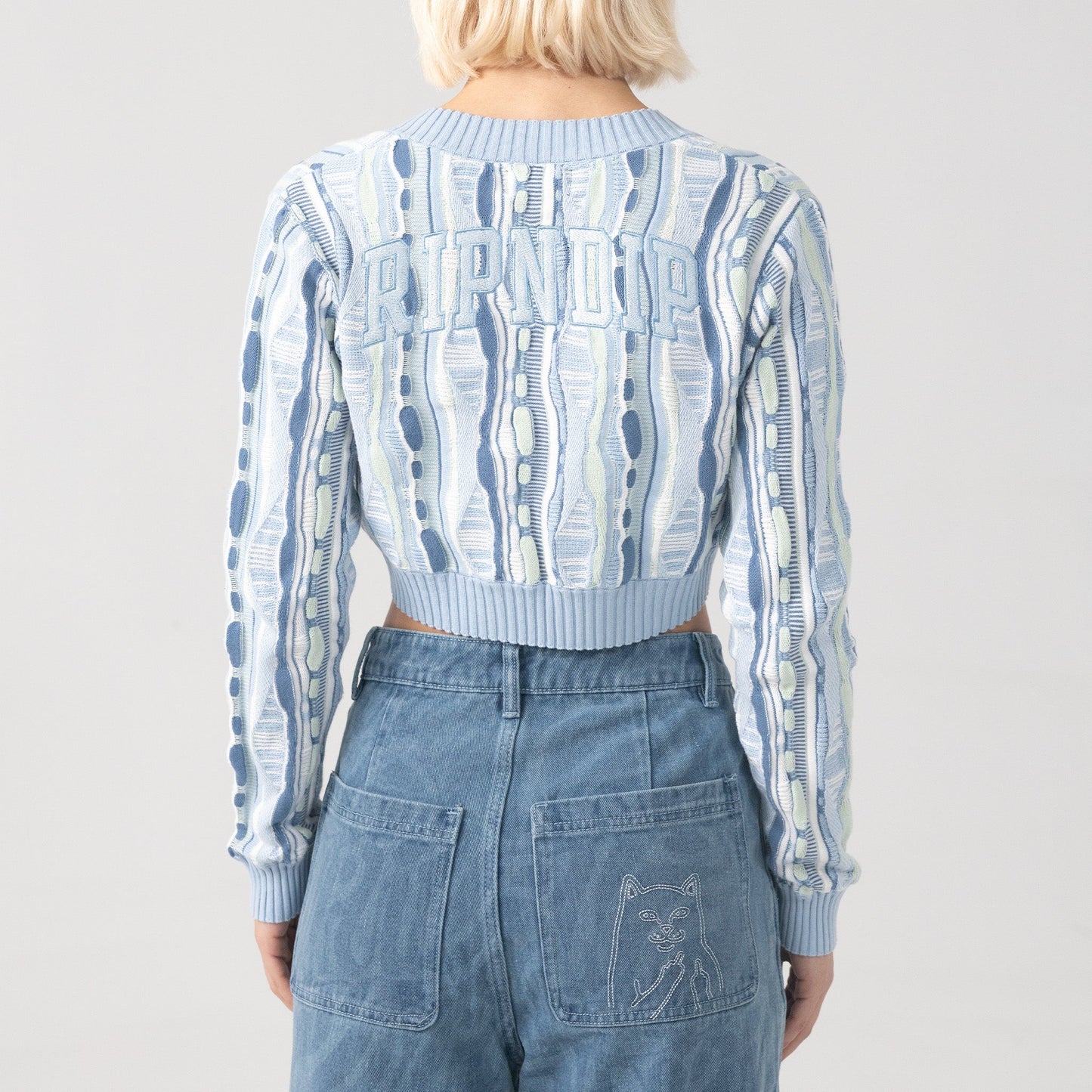 Corded Knit Cropped Long Sleeve (Light Blue) - Camiseta