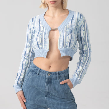 Corded Knit Cropped Long Sleeve (Light Blue) - Camiseta